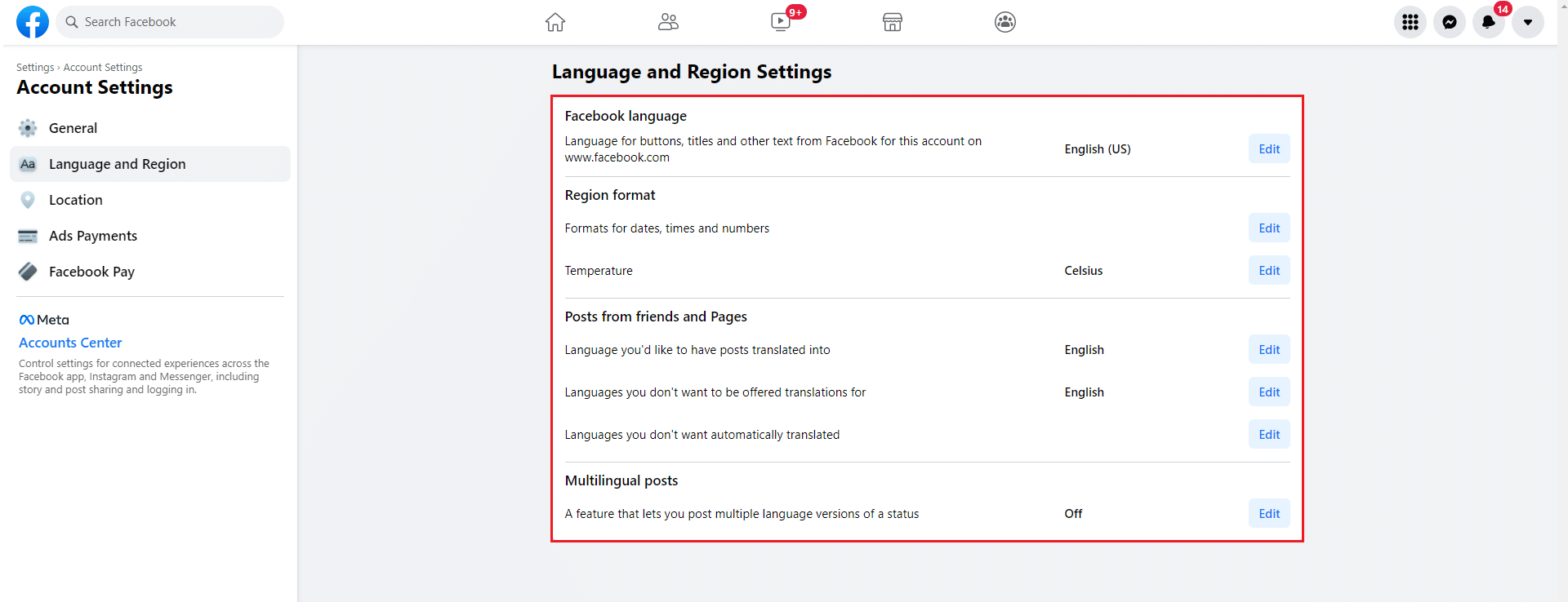 Configurações de idioma e região do Facebook
