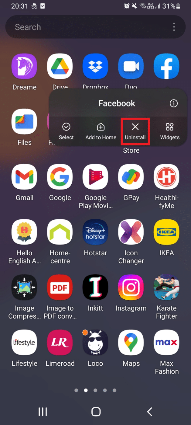 Pressione e toque em Desinstalar