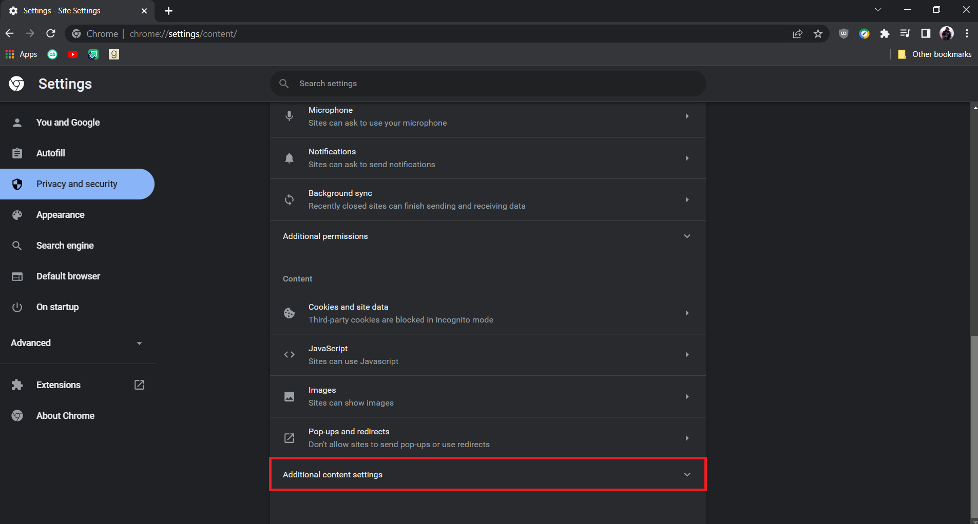 Opțiune de setări avansate de conținut. Remediați ecranul complet YouTube care nu funcționează în Windows 10