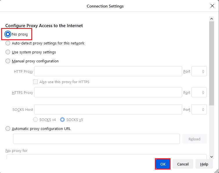 Selecione a opção No proxy na seção Configure Proxy Access to the Internet e clique no botão OK para salvar a configuração