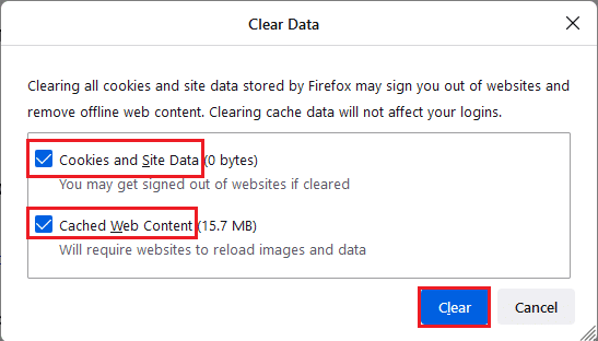 clique no botão Limpar para limpar os arquivos de cache. Corrigir ERRO DE FIM DE ARQUIVO PR do Firefox no Windows 10