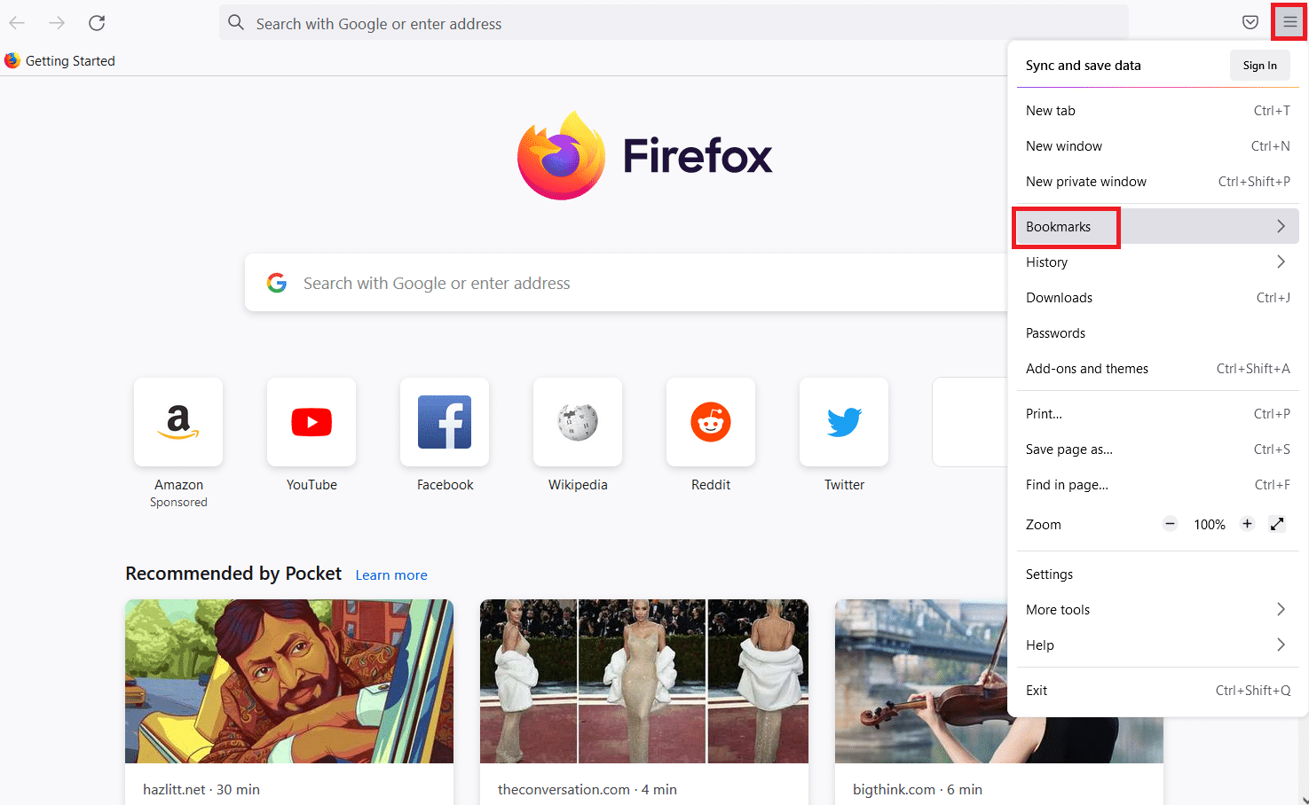 clique na opção Marcadores na lista exibida. Corrigir ERRO DE FIM DE ARQUIVO PR do Firefox no Windows 10