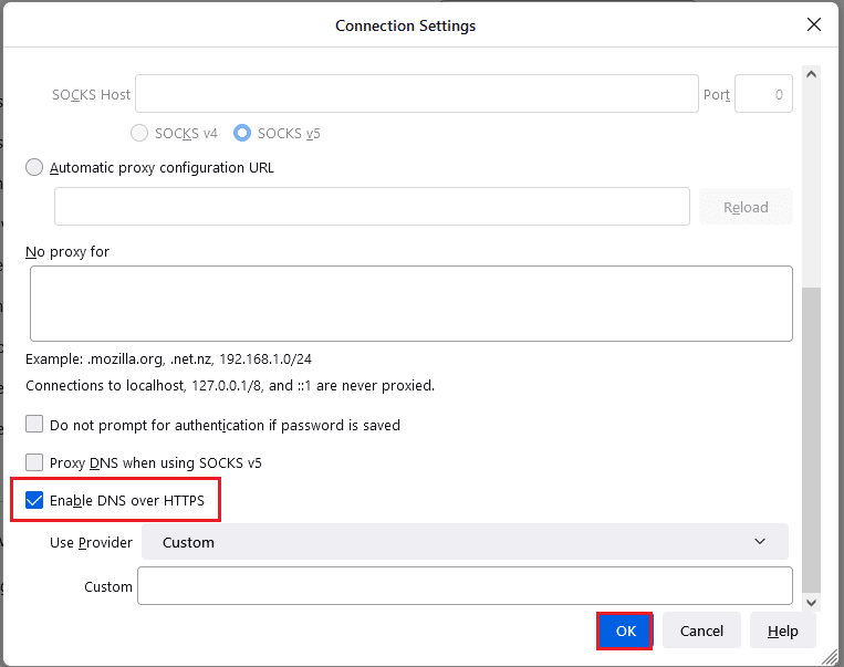 Selecione a opção Enable DNS over HTTPS settings e clique no botão OK. Corrigir ERRO DE FIM DE ARQUIVO PR do Firefox no Windows 10