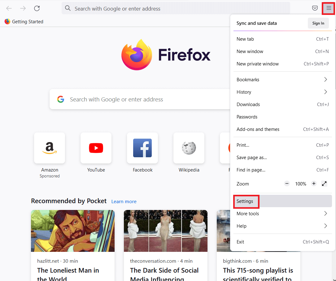 clique na opção Configurações na lista. Corrigir ERRO DE FIM DE ARQUIVO PR do Firefox no Windows 10