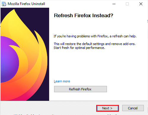 Clique no botão Avançar na janela de desinstalação do Mozilla Firefox