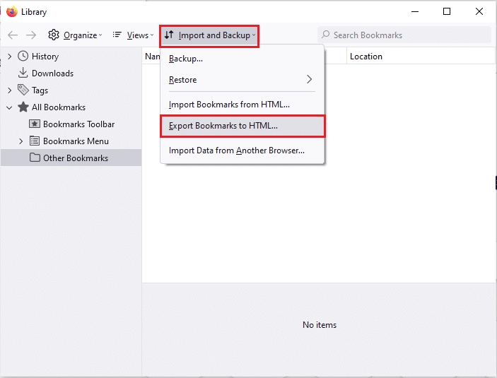 clique na opção Exportar marcadores para HTML. Corrigir ERRO DE FIM DE ARQUIVO PR do Firefox no Windows 10