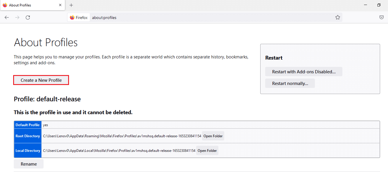 Clique no botão Criar um novo perfil. Corrigir ERRO DE FIM DE ARQUIVO PR do Firefox no Windows 10