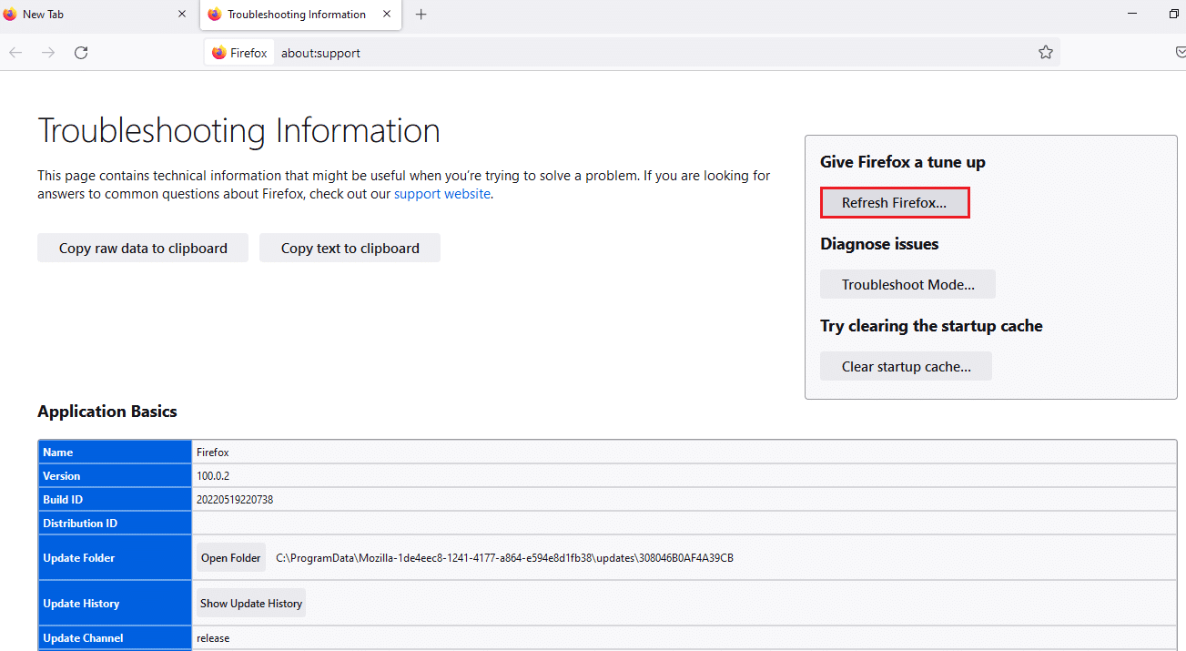 Clique no botão Atualizar Firefox. Corrigir ERRO DE FIM DE ARQUIVO PR do Firefox no Windows 10