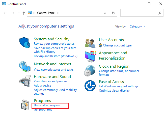 haga clic en la opción Desinstalar un programa en el menú Programas. Solucionar el error de actualización de Windows 10 0x80190001