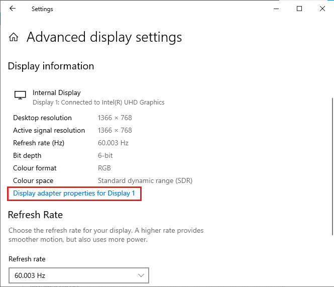 haga clic en Propiedades del adaptador de pantalla. Solucionar el error de actualización de Windows 10 0x80190001