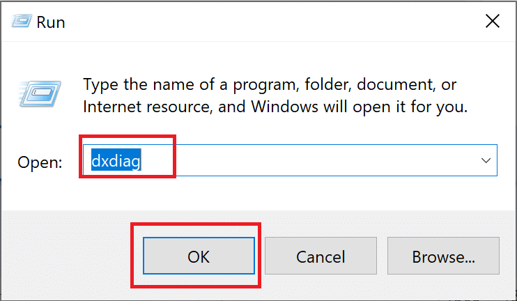 Escriba dxdiag en el cuadro de diálogo Ejecutar. Solucionar el error de actualización de Windows 10 0x80190001