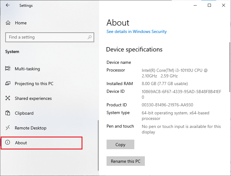 haga clic en Acerca de y luego puede verificar las especificaciones del dispositivo. Solucionar el error de actualización de Windows 10 0x80190001