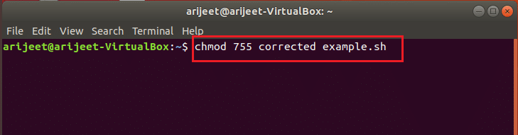 Comando chmod 755 correctedexample.sh para definir permissões no terminal linux