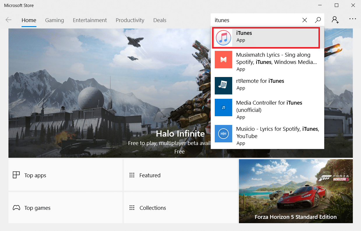 検索バーに「iTunes」と入力してクリックします| Windows10でiPhoneが検出されない問題を修正