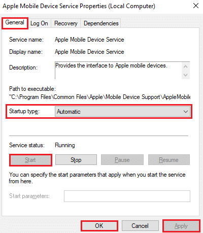 Appleモバイルデバイスサービスのプロパティウィンドウ