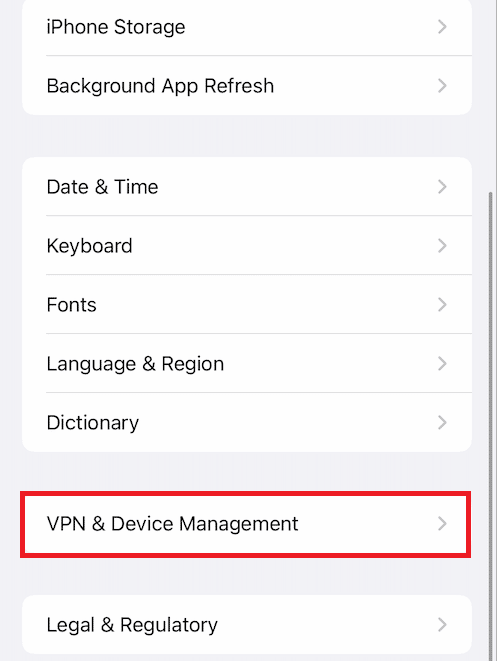 VPNとデバイス管理オプションをタップします