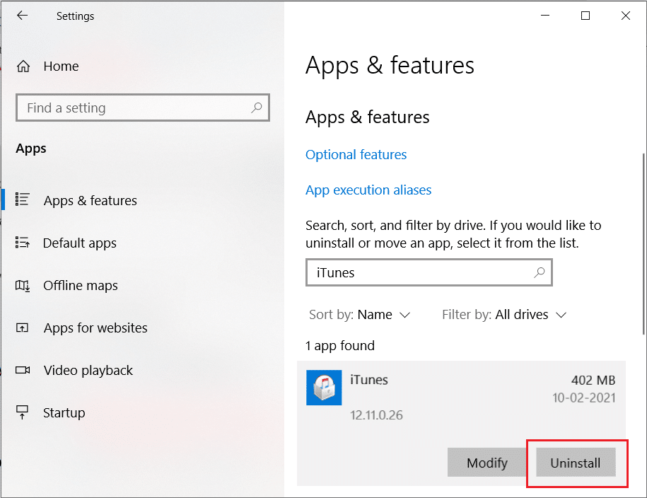 アンインストールをタップして、Windows10からiTunesをアンインストールします| Windows10でiPhoneが検出されない問題を修正