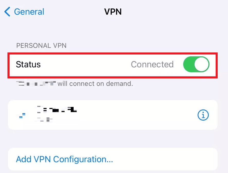[パーソナルVPN]セクションの下にある[ステータス]スライダーをオフに切り替えます