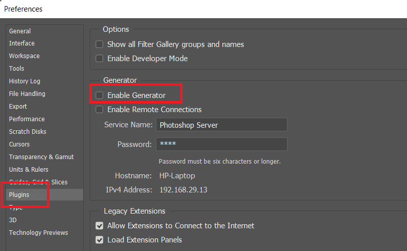 Na guia Plugins, desmarque a opção Habilitar Gerador na seção Gerador | Corrigir o erro de solicitação do Photoshop não pôde ser concluído