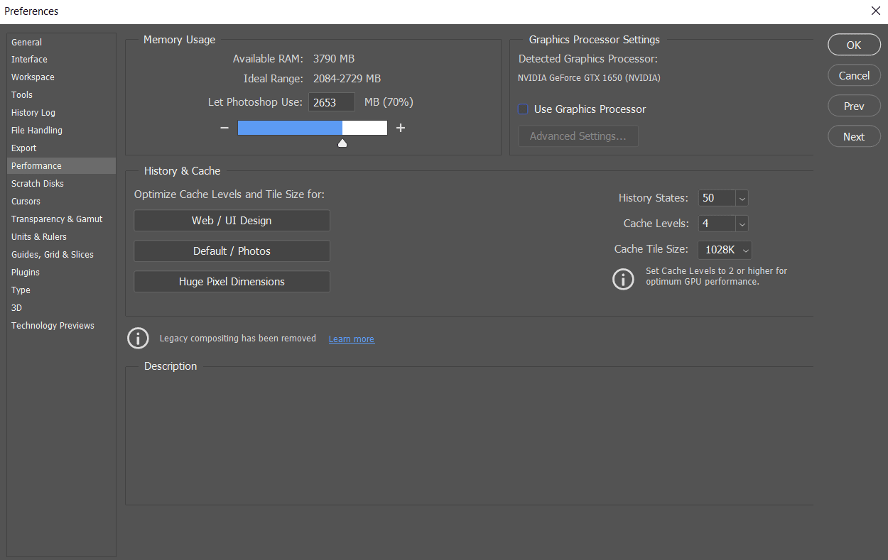 Pressione as teclas Ctrl + K simultaneamente para abrir a janela Preferências no Adobe Photoshop