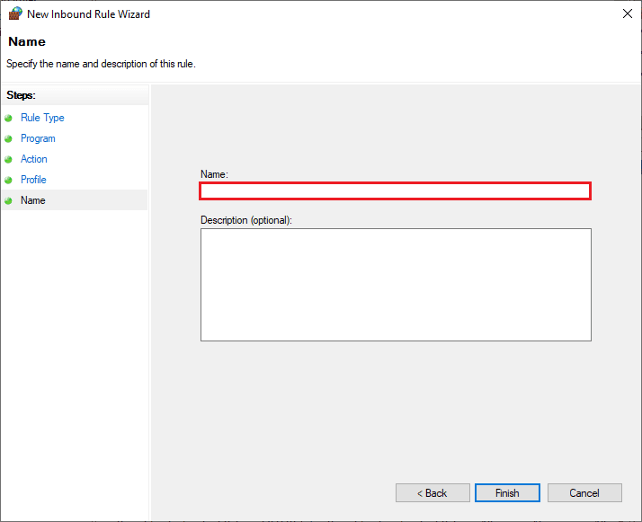 adăugați un nume noii reguli și faceți clic pe Terminare. Remediați codul de eroare 118 Steam în Windows 10