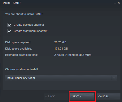 instalați Smite faceți clic pe Următorul în steam