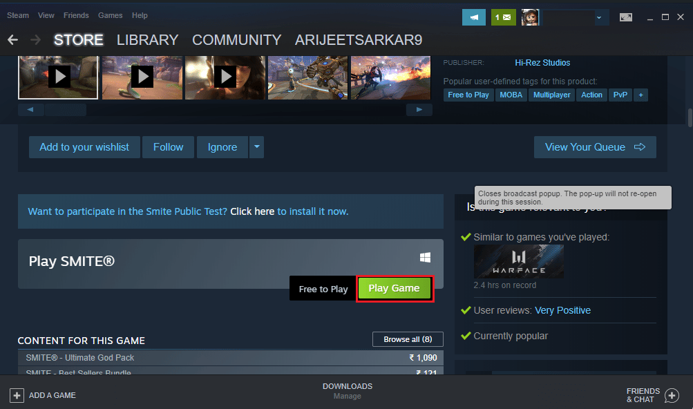 faceți clic pe play game în jocul smite Steam