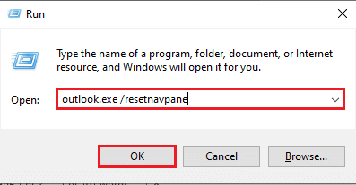 запустите приложение Outlook с помощью команды resetnavpane