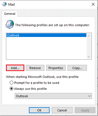 Нажмите кнопку «Добавить…». Fix Outlook открывается только в безопасном режиме в Windows 10