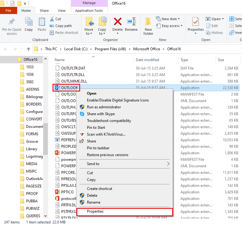 нажмите на опцию «Свойства». Fix Outlook открывается только в безопасном режиме в Windows 10