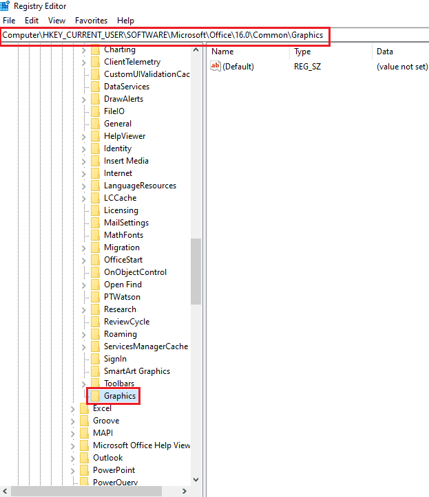 Назовите новый ключ, созданный как Graphics. Fix Outlook открывается только в безопасном режиме в Windows 10