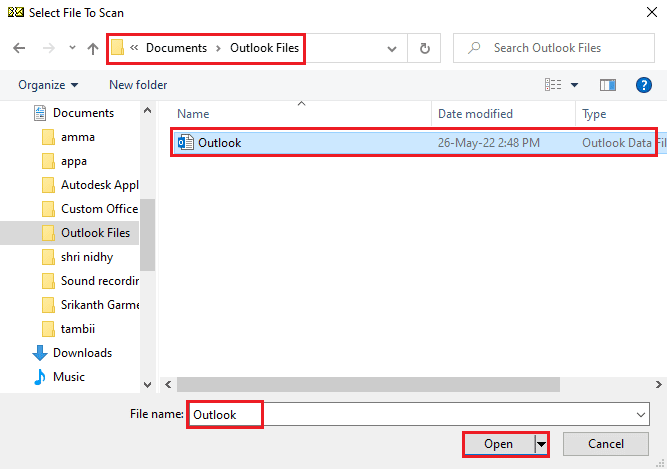 выберите файл Outlook и нажмите кнопку «Открыть».