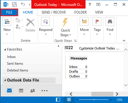 Нажмите на вкладку «Файл». Fix Outlook открывается только в безопасном режиме в Windows 10