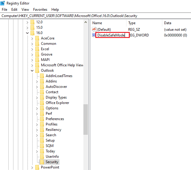 Введите имя DWORD как DisableSafeMode. Fix Outlook открывается только в безопасном режиме в Windows 10