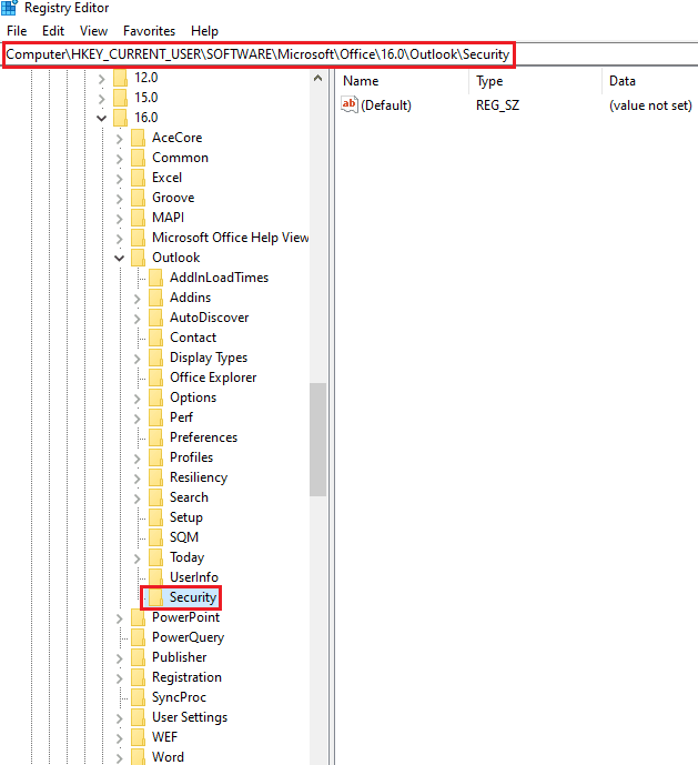 Назовите новый ключ, созданный как Security. Fix Outlook открывается только в безопасном режиме в Windows 10