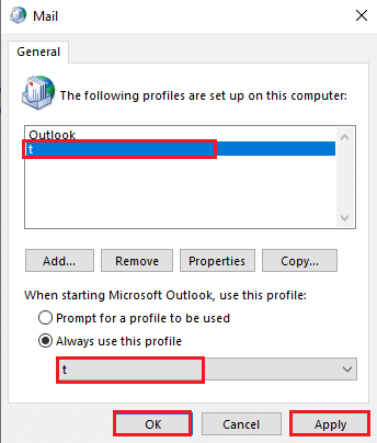 нажмите кнопку «Применить», а затем «ОК», чтобы сбросить профиль Outlook. Fix Outlook открывается только в безопасном режиме в Windows 10