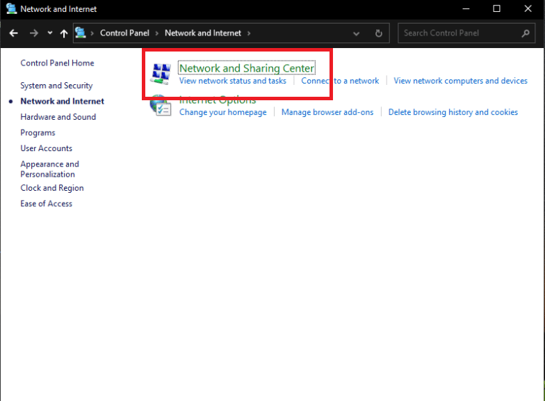 [ネットワークと共有センター]を選択します。 Windows10でプライベートインターネットアクセスが接続されない問題を修正