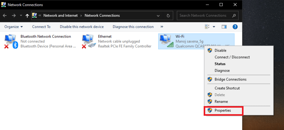 [プロパティ]をクリックします。 Windows10でプライベートインターネットアクセスが接続されない問題を修正