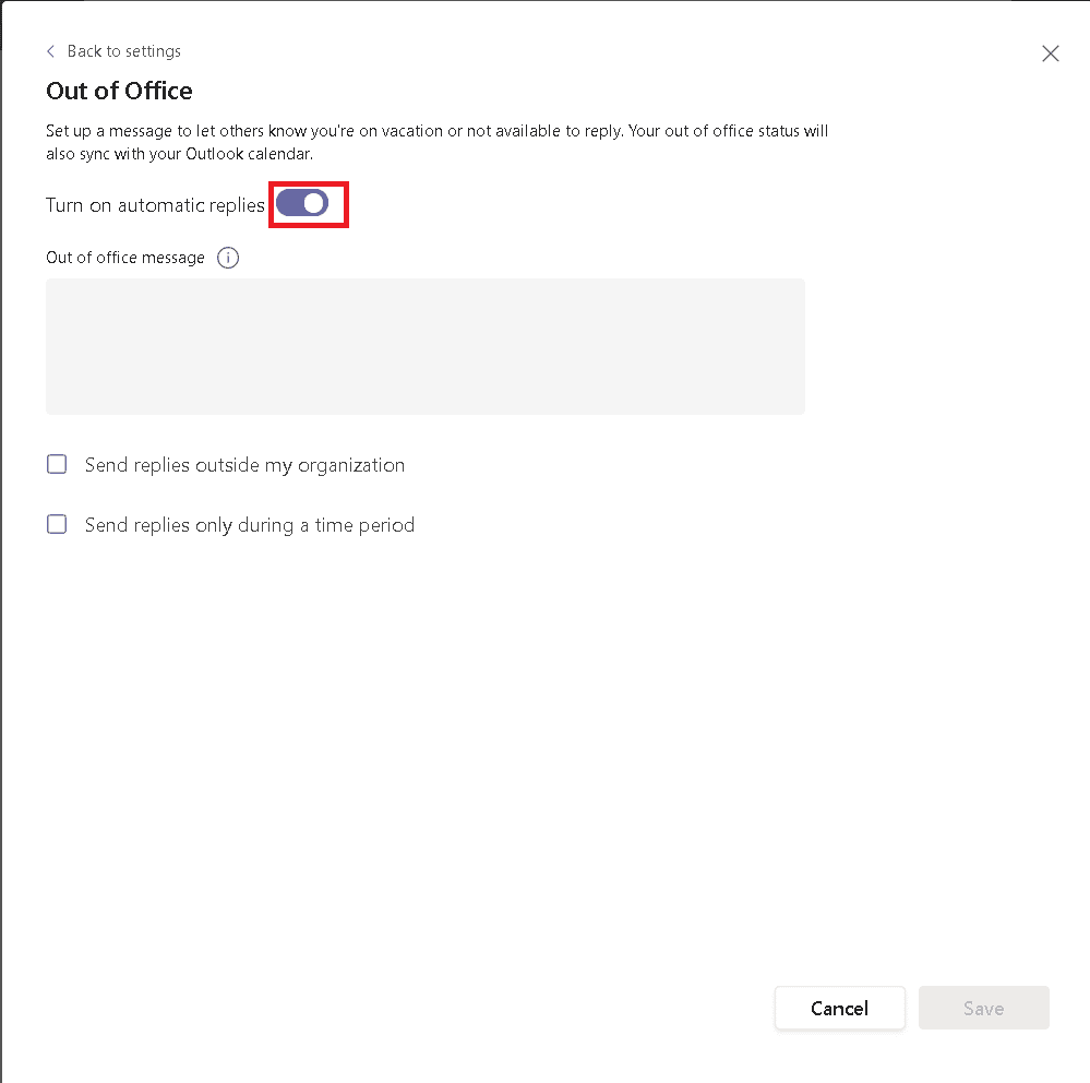 Ativar Ativar respostas automáticas. Como definir a mensagem de trabalho em casa fora do escritório