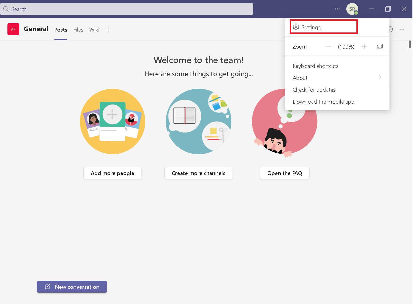 Clique na opção Configurações na lista. Como definir fora do escritório em equipes