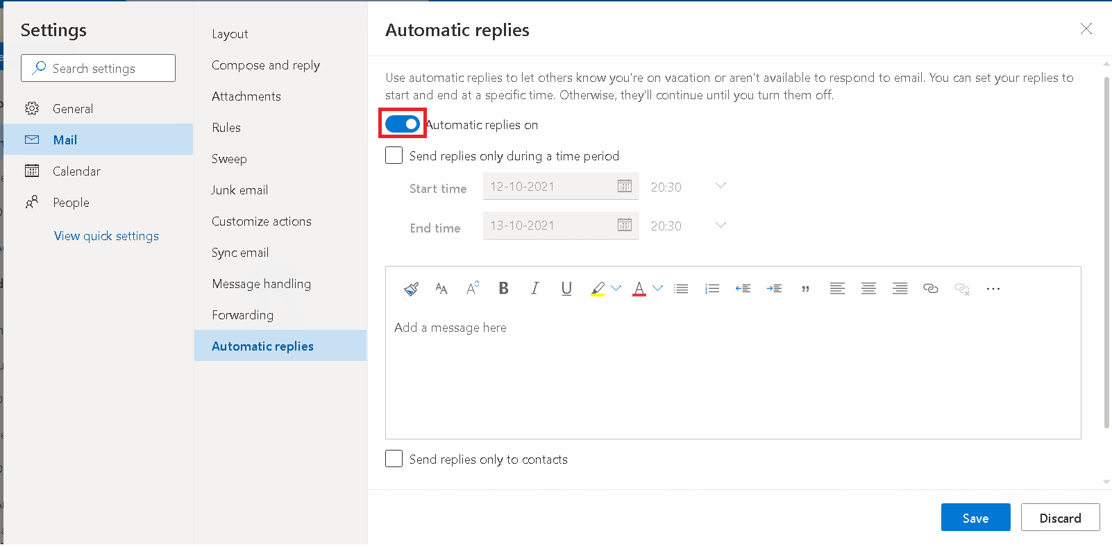 Ative as respostas automáticas ao alternar. Como definir fora do escritório em equipes