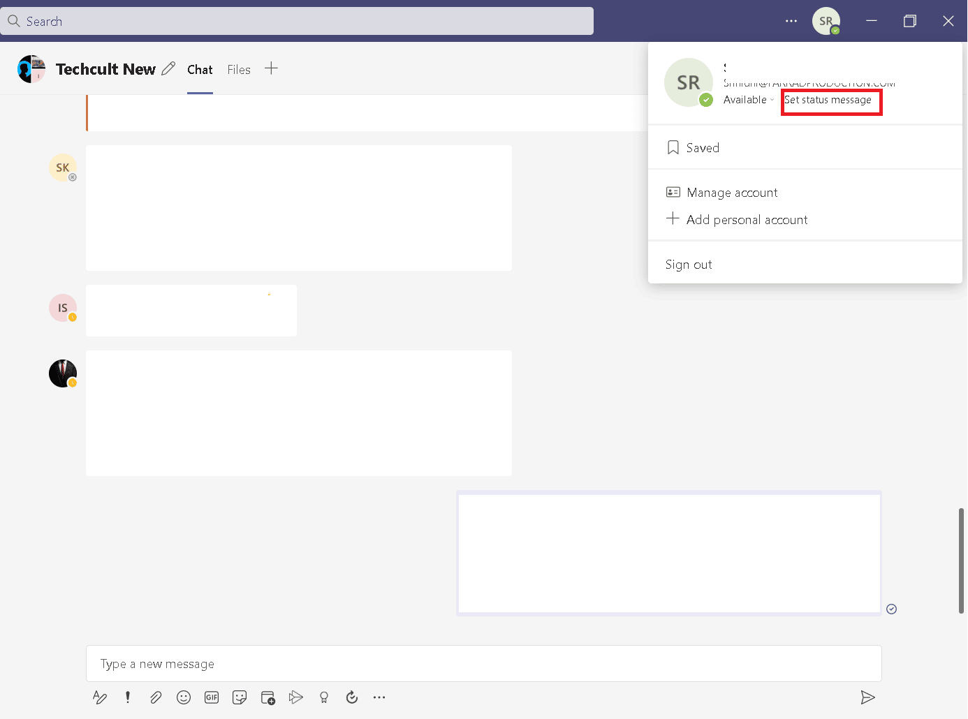 Clique em Definir mensagem de status. Como definir a mensagem de trabalho em casa fora do escritório