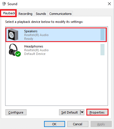 selectați dispozitivul dvs. audio și faceți clic pe butonul Proprietăți. Remediați eroarea de redare audio YouTube