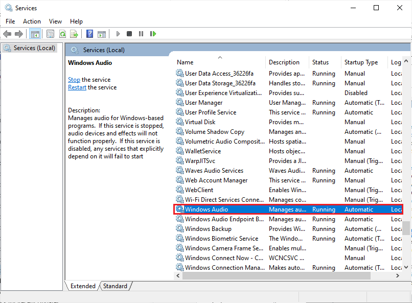 selectați serviciul audio Windows