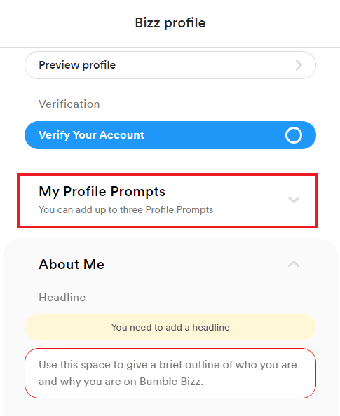 clique em Meus prompts de perfil Como excluir prompts no Bumble
