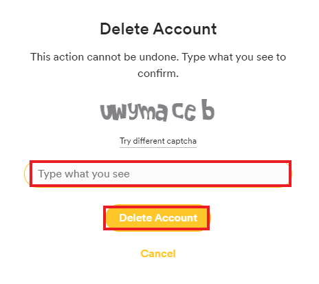 Digite Captcha e clique em Excluir conta.