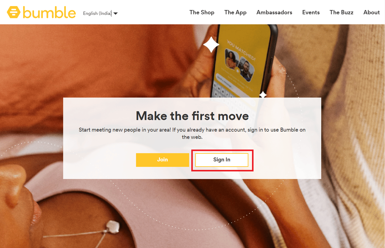 Bumble Página inicial do site oficial. Clique em Entrar | Como excluir prompts no Bumble