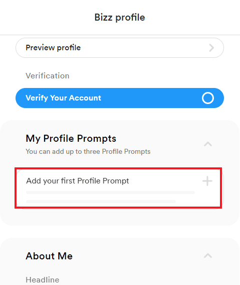 Clique em Adicionar seu primeiro prompt de perfil | excluir prompts do Bumble