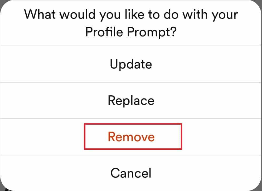 Toque em Remover | Como excluir prompts no Bumble