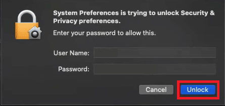 ユーザー名とパスワードを入力し、[ロック解除]をクリックします。 Macで開発者を確認できないため、修正プログラムを開くことができません